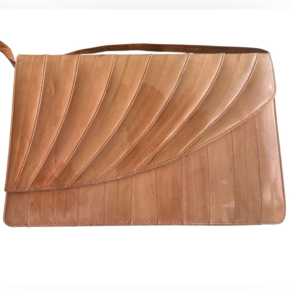 70’s Vintage Eel Skin Tan or Nude Convertible Purse/ Clutch with Pink Suede Int.